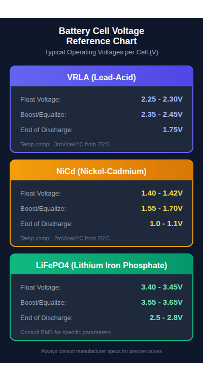 Battery cell voltage reference chart - mobile optimized card layout showing VRLA, NiCd, and LiFePO4 operating voltages