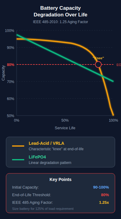 Battery capacity degradation curves - mobile optimized chart showing Lead-Acid knee characteristic vs LiFePO4 linear degradation