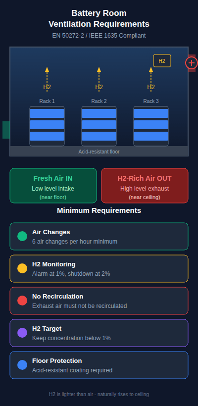 Battery room ventilation requirements - mobile optimized diagram showing air flow and minimum requirements